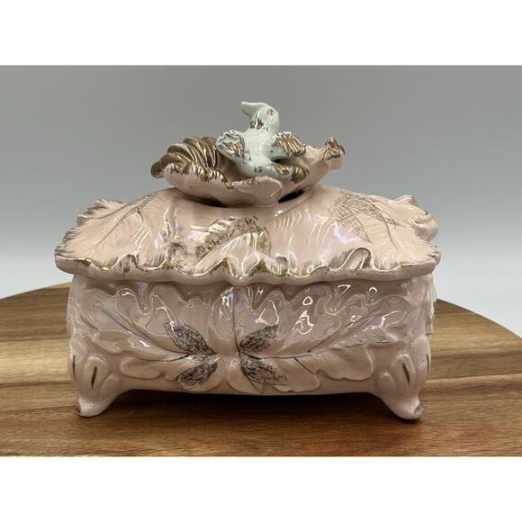 Vintage Ceramic Trinket Box Bird Lid Powder Pink Iridescent Glaze Lead Motif - Picture 1 of 13